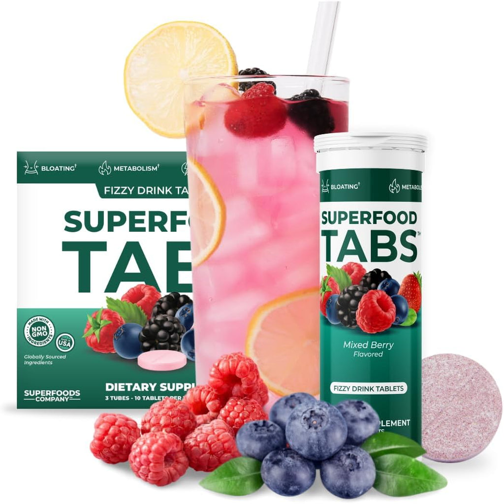 Superfood Tabs by Superfoods Company - Superfood Effervescent Drink Tablets for Women & Men - 15 Real Superfoods - Vegan, Non-GMO, Zero Sugar - Mixed Berry