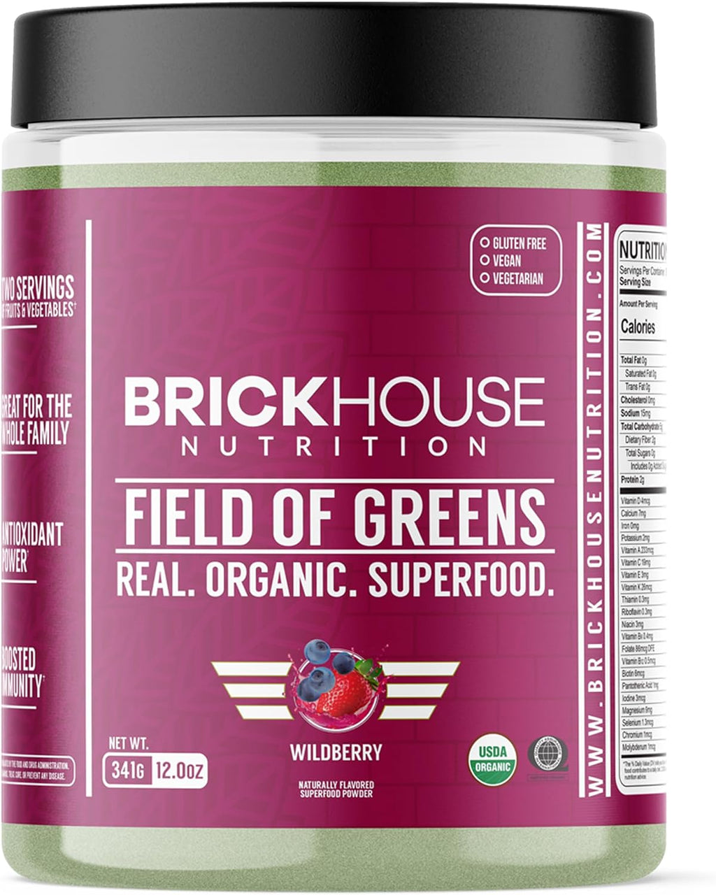 BRICKHOUSE NUTRITION Field of Greens Super Greens Powder | Doctor-Formulated Superfood Powder, Fruits & Veggies Supplement - Wildberry (Single Pack)