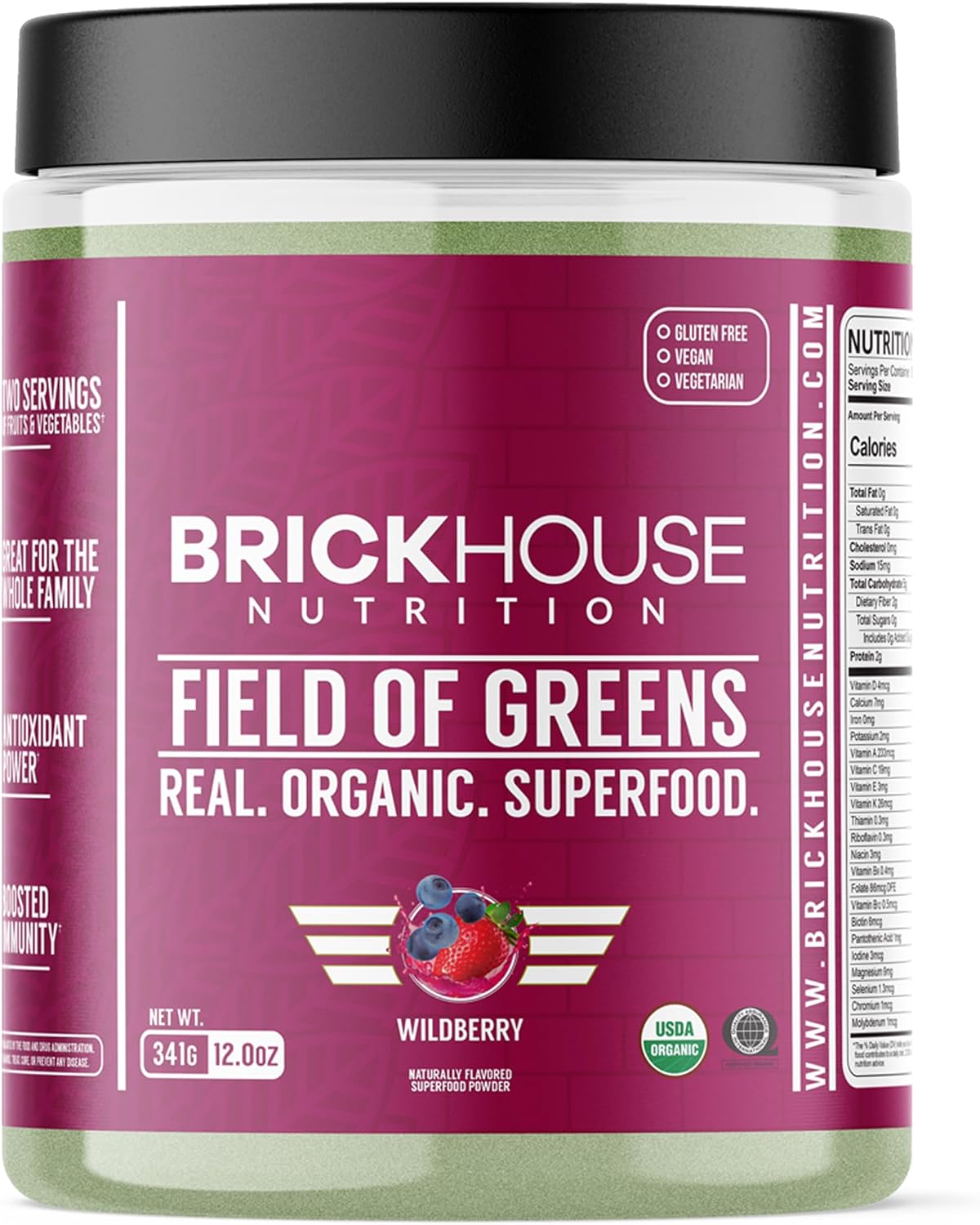 BRICKHOUSE NUTRITION Field of Greens Super Greens Powder | Doctor-Formulated Superfood Powder, Fruits & Veggies Supplement - Wildberry (Single Pack)