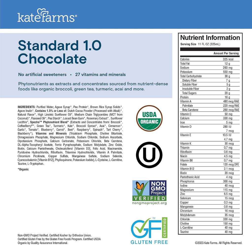 KATE FARMS Organic1.0 Chocolate Nutrition Shake, 16g Protein, 27 Vitamins and Minerals, Meal Replacement 11 oz (12 Pack)