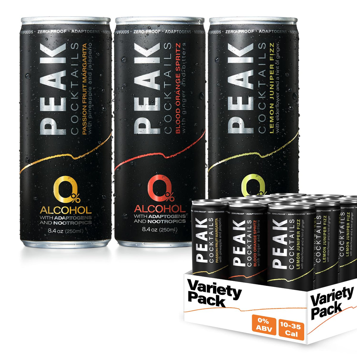 Peak Cocktails Non Alcoholic Drinks, Calming Adaptogen, Variety 12 Pack