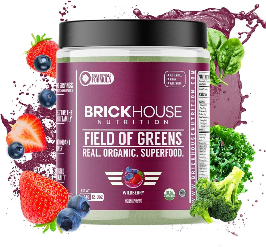 BRICKHOUSE NUTRITION Field of Greens Super Greens Powder | Doctor-Formulated Superfood Powder, Fruits & Veggies Supplement - Wildberry (Single Pack)