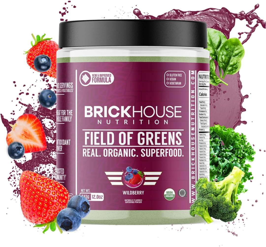 BRICKHOUSE NUTRITION Field of Greens Super Greens Powder | Doctor-Formulated Superfood Powder, Fruits & Veggies Supplement - Wildberry (Single Pack)