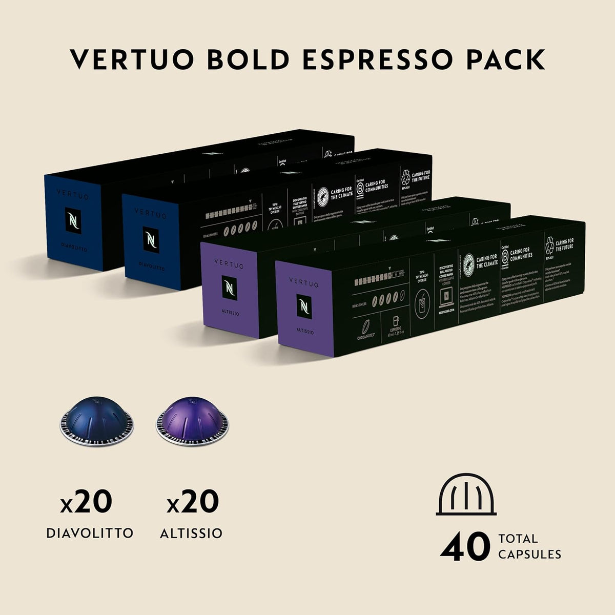 Nespresso Vertuo, Espresso, Bold Variety Pack, Mixed Roast, 40-Count Pods