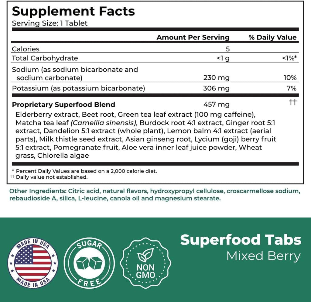 Superfood Tabs by Superfoods Company - Superfood Effervescent Drink Tablets for Women & Men - 15 Real Superfoods - Vegan, Non-GMO, Zero Sugar - Mixed Berry