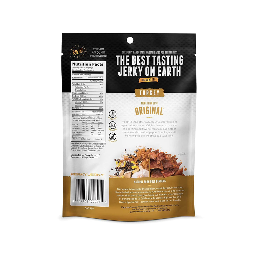 Perky Jerky Original Turkey Jerky, 1oz (Pack of 12) - Low Sodium - 10g Protein per Serving - Low Fat - 100% U.S. Sourced - Tender Texture and Bold Flavor