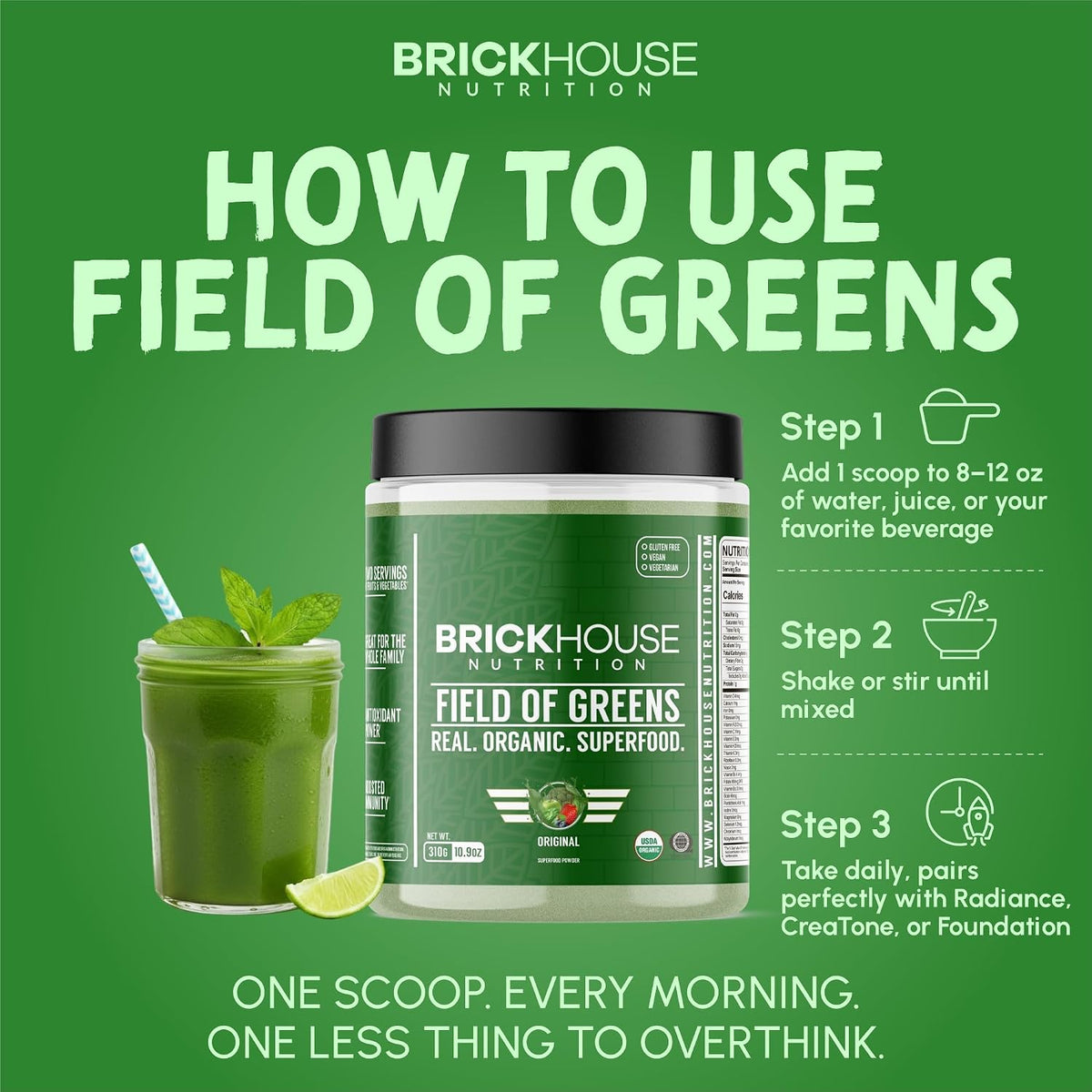 BRICKHOUSE NUTRITION Field of Greens Super Greens Powder | Doctor-Formulated Superfood Powder, Fruits & Veggies Supplement - Wildberry (Single Pack)