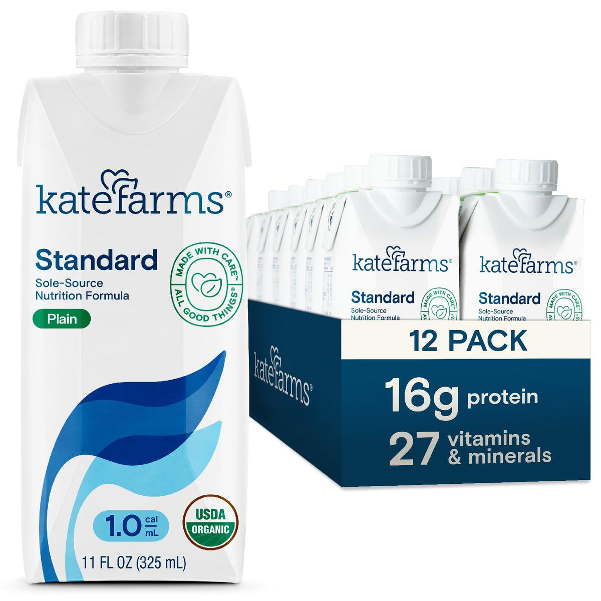 KATE FARMS Organic1.0 Chocolate Nutrition Shake, 16g Protein, 27 Vitamins and Minerals, Meal Replacement 11 oz (12 Pack)
