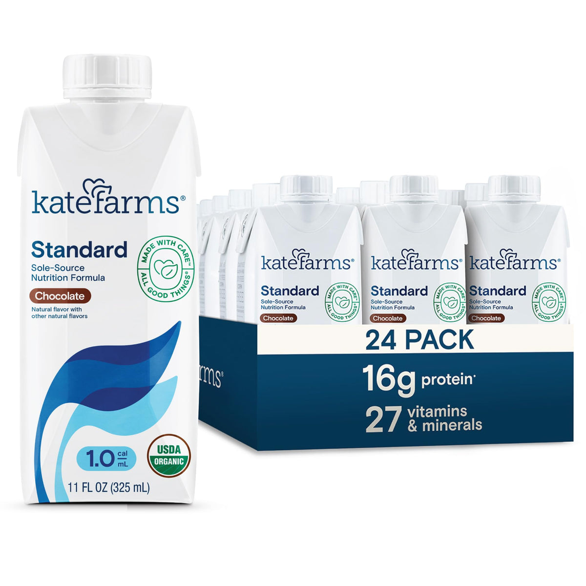 KATE FARMS Organic1.0 Chocolate Nutrition Shake, 16g Protein, 27 Vitamins and Minerals, Meal Replacement 11 oz (12 Pack)