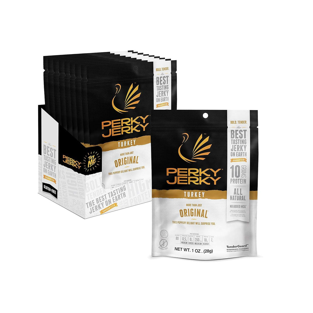 Perky Jerky Original Turkey Jerky, 1oz (Pack of 12) - Low Sodium - 10g Protein per Serving - Low Fat - 100% U.S. Sourced - Tender Texture and Bold Flavor