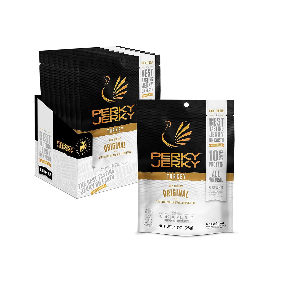 Perky Jerky Original Turkey Jerky, 1oz (Pack of 12) - Low Sodium - 10g Protein per Serving - Low Fat - 100% U.S. Sourced - Tender Texture and Bold Flavor
