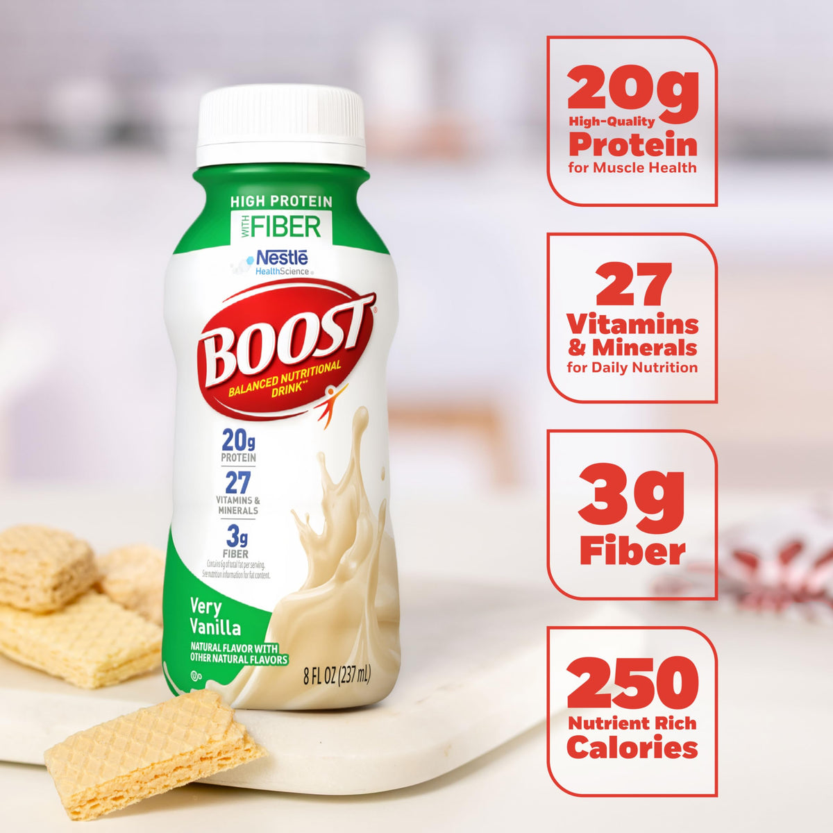 BOOST High Protein with Fiber Ready to Drink Complete Nutritional Drink, Creamy Strawberry, 8 fl oz Bottle, 24 Pack