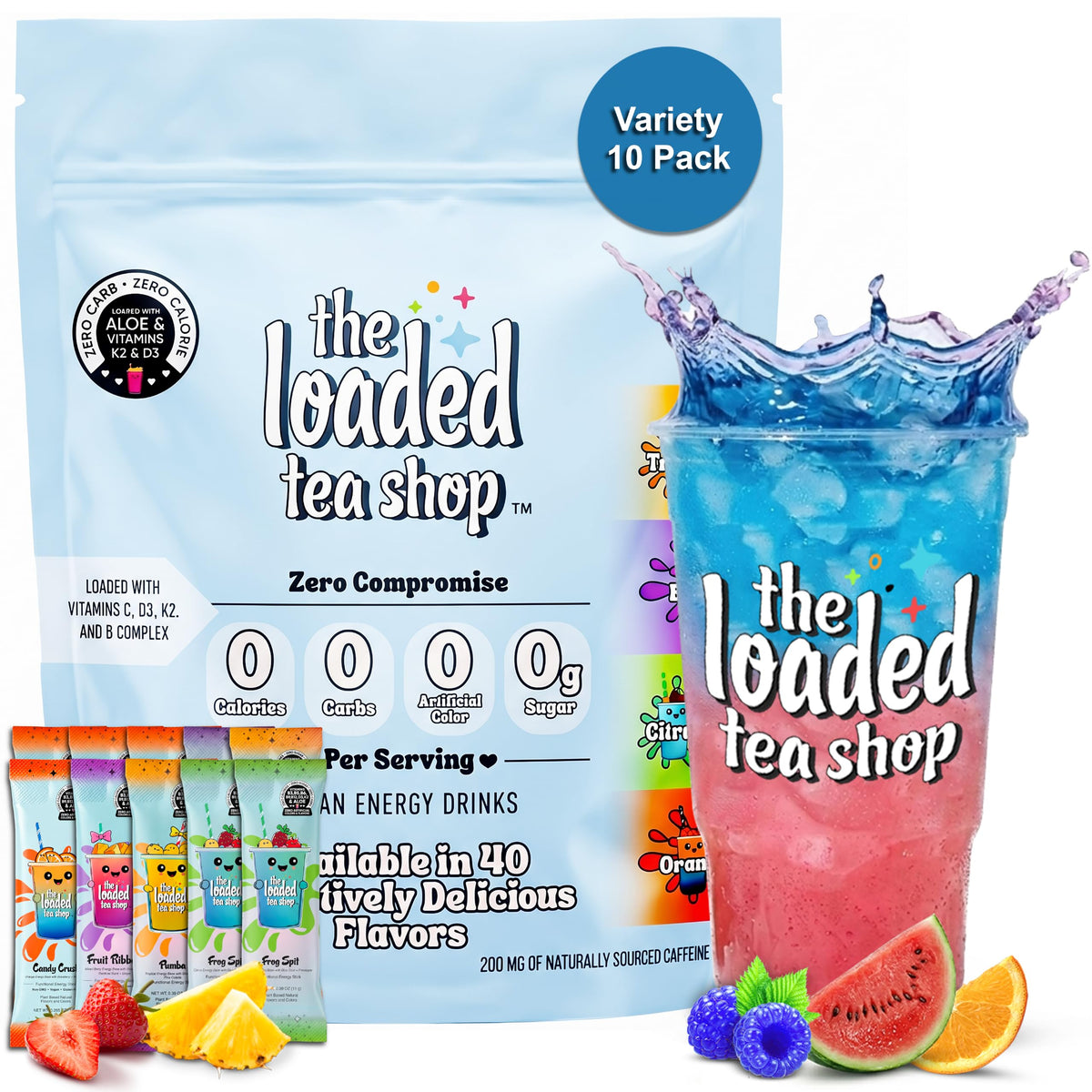 The Loaded Tea Shop Energy Drink Mix Sticks, Variety 20 Pack, Sugar-Free, Zero Calories, 200mg Natural Caffeine, No Artificial Colors/Flavors, Powder Packets w/B Vitamins - Energy Drink Alternative