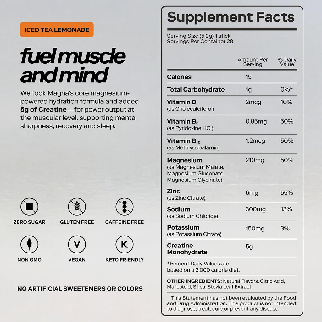 MAGNA Creatine Electrolyte Powder Drink Mix 5g creatine 28 Servings, Iced Tea Lemonade