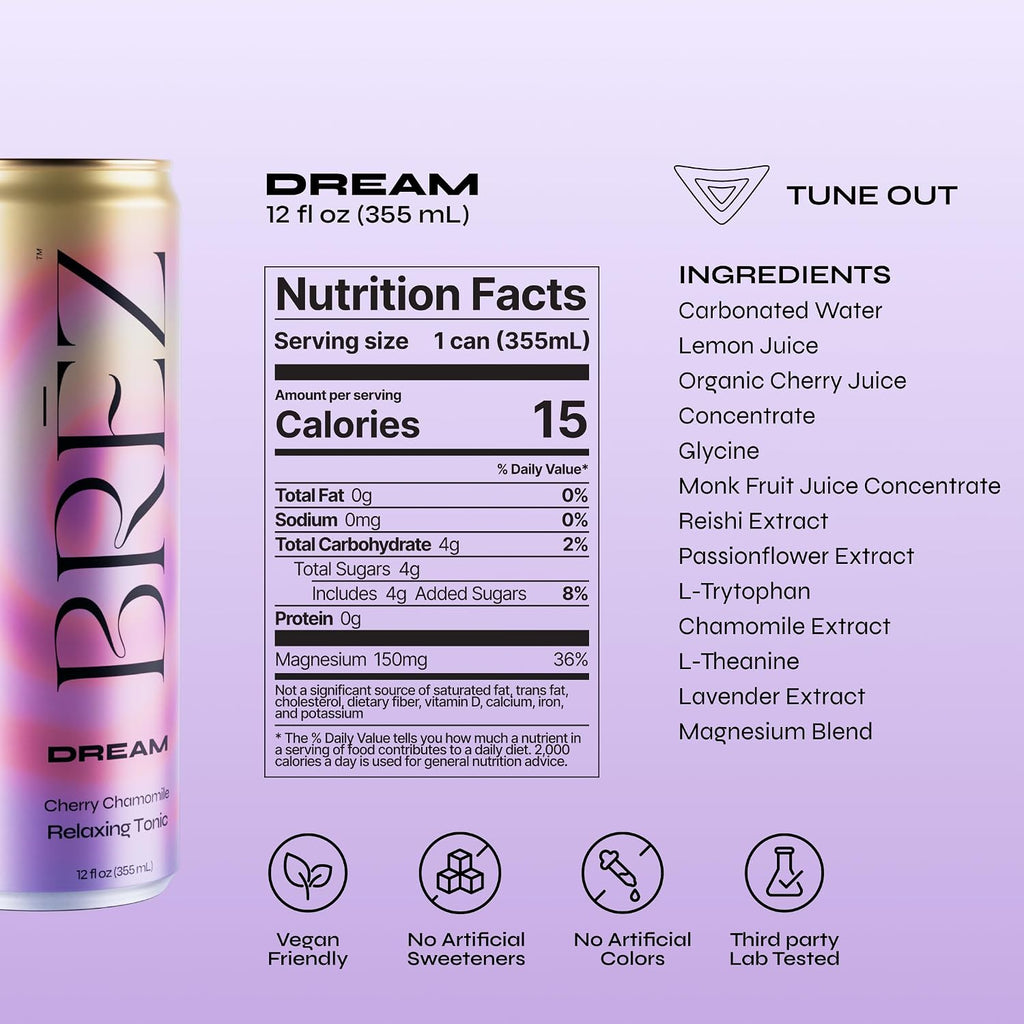 BRĒZ Dream Reishi Mushroom Drink, Non-Infused Sparkling Tonic, 12 Pack
