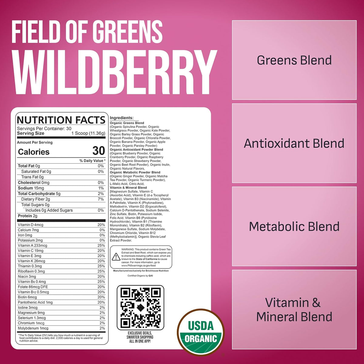 BRICKHOUSE NUTRITION Field of Greens Super Greens Powder | Doctor-Formulated Superfood Powder, Fruits & Veggies Supplement - Wildberry (Single Pack)