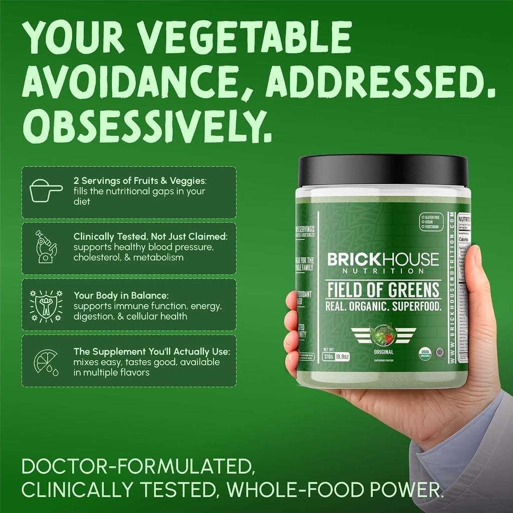 BRICKHOUSE NUTRITION Field of Greens Super Greens Powder | Doctor-Formulated Superfood Powder, Fruits & Veggies Supplement - Wildberry (Single Pack)