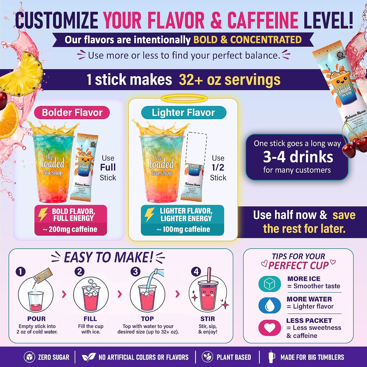 The Loaded Tea Shop Energy Drink Mix Sticks, Variety 20 Pack, Sugar-Free, Zero Calories, 200mg Natural Caffeine, No Artificial Colors/Flavors, Powder Packets w/B Vitamins - Energy Drink Alternative