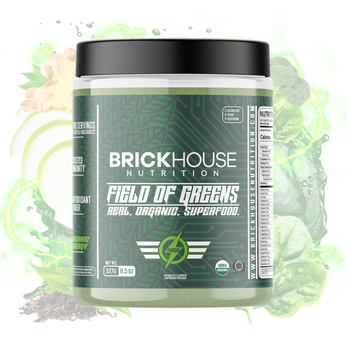 BRICKHOUSE NUTRITION Field of Greens Super Greens Powder | Doctor-Formulated Superfood Powder, Fruits & Veggies Supplement - Wildberry (Single Pack)