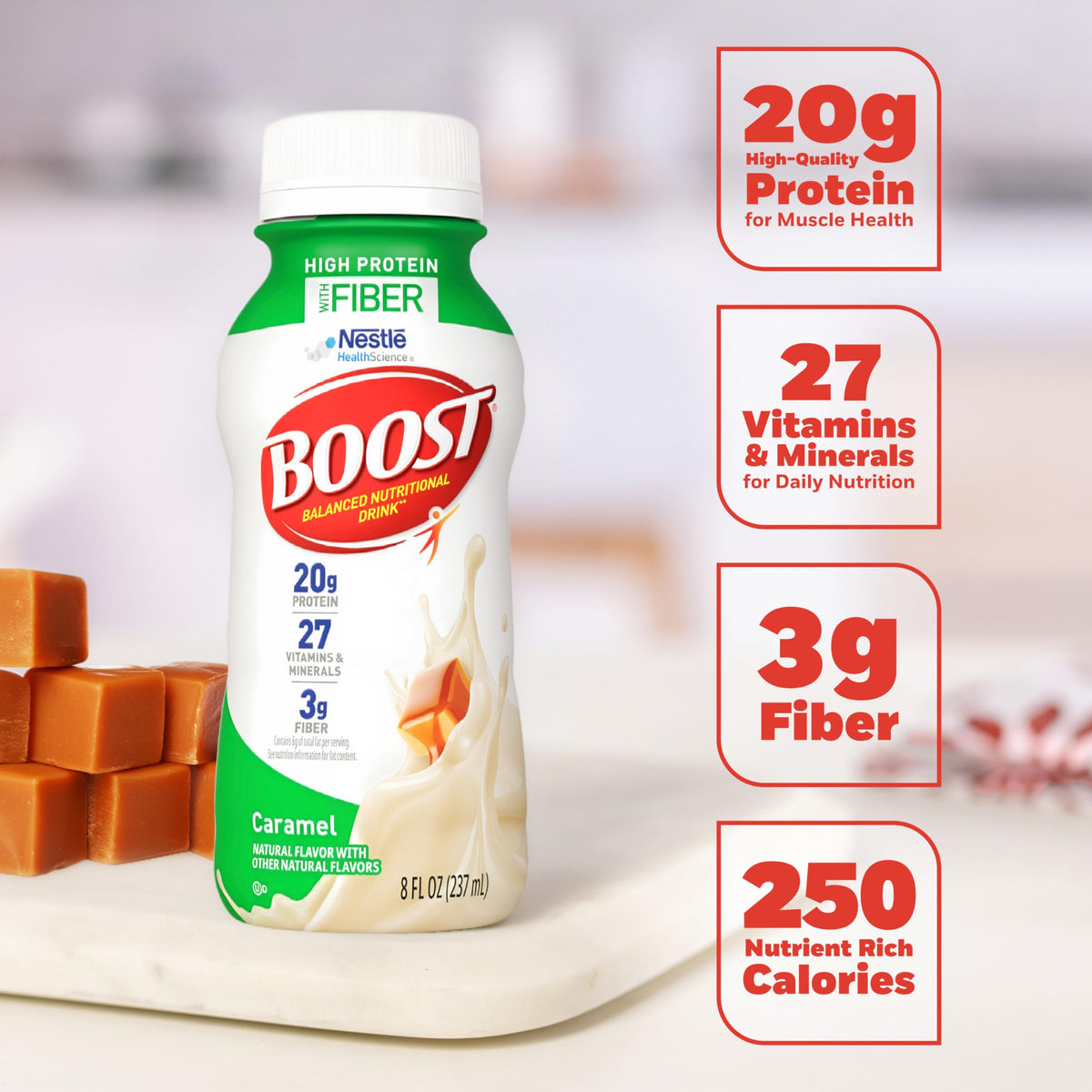 BOOST High Protein with Fiber Ready to Drink Complete Nutritional Drink, Creamy Strawberry, 8 fl oz Bottle, 24 Pack
