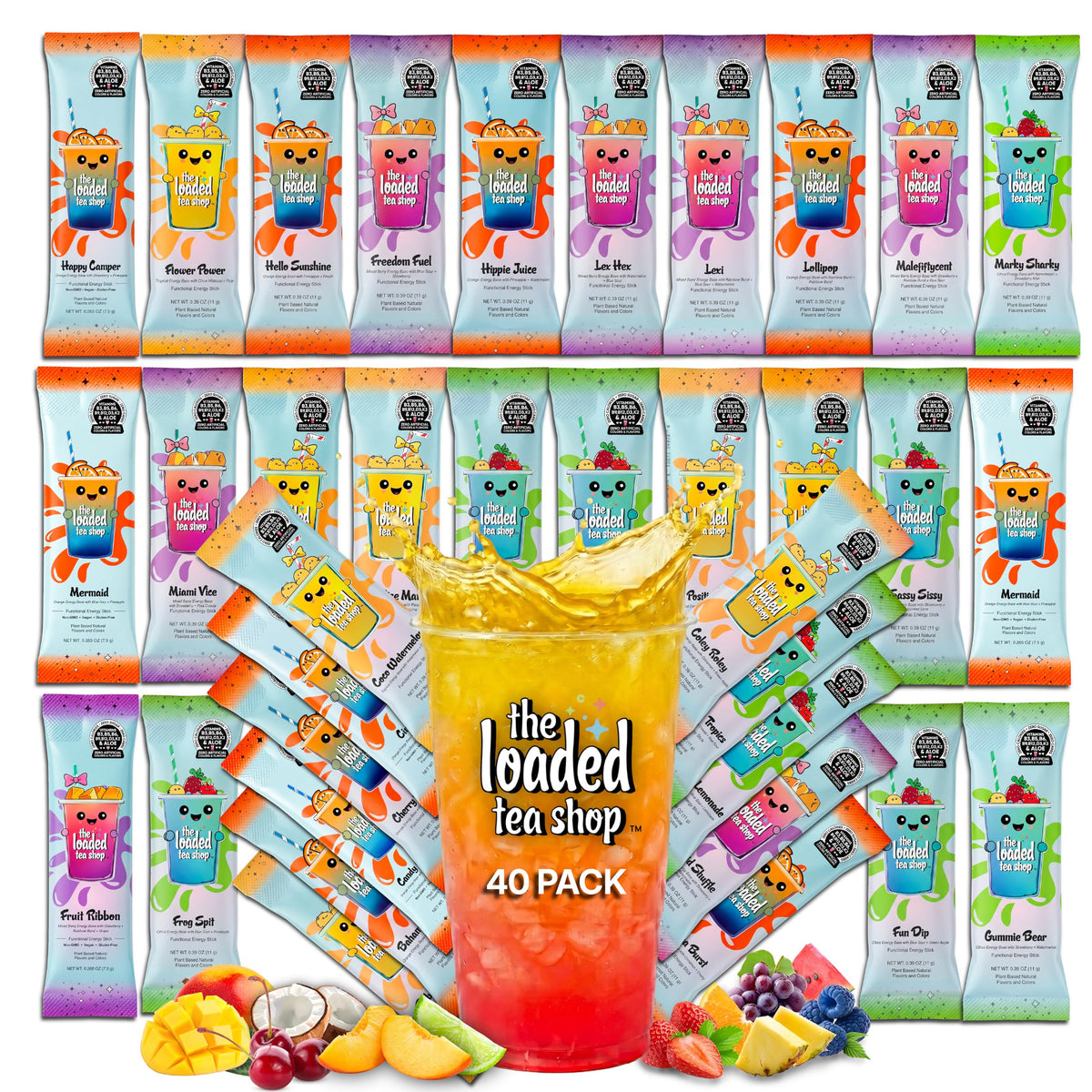 The Loaded Tea Shop Energy Drink Mix Sticks, Variety 20 Pack, Sugar-Free, Zero Calories, 200mg Natural Caffeine, No Artificial Colors/Flavors, Powder Packets w/B Vitamins - Energy Drink Alternative