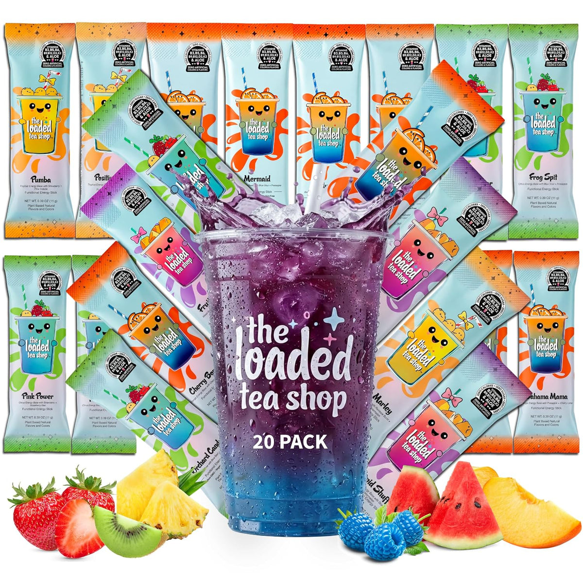 The Loaded Tea Shop Energy Drink Mix Sticks, Variety 20 Pack, Sugar-Free, Zero Calories, 200mg Natural Caffeine, No Artificial Colors/Flavors, Powder Packets w/B Vitamins - Energy Drink Alternative