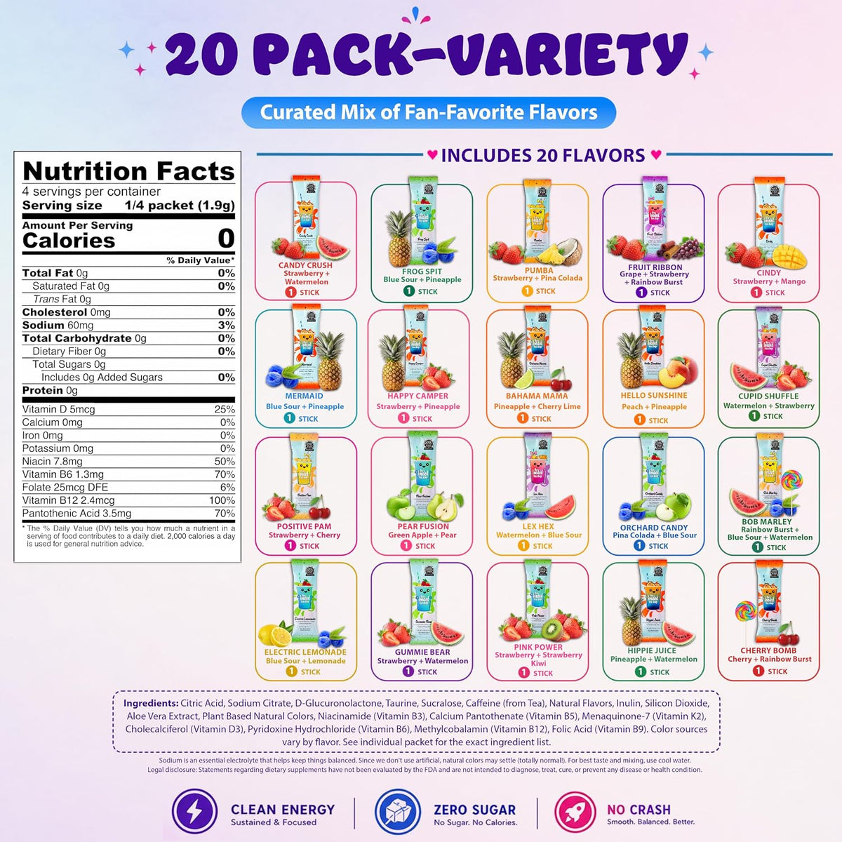 The Loaded Tea Shop Energy Drink Mix Sticks, Variety 20 Pack, Sugar-Free, Zero Calories, 200mg Natural Caffeine, No Artificial Colors/Flavors, Powder Packets w/B Vitamins - Energy Drink Alternative